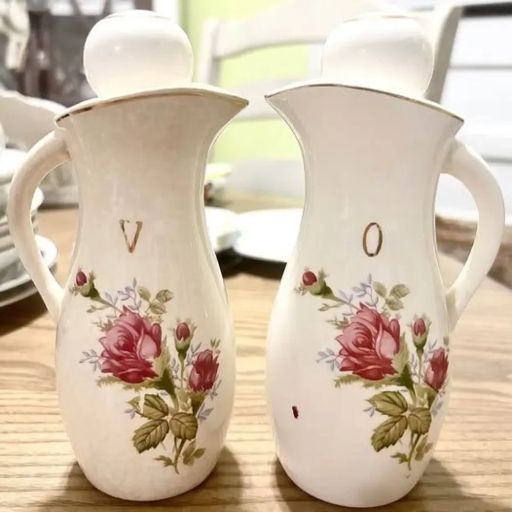 Vintage Japan Moss Rose Oil & Vinegar Cruet Set w/ Stoppers